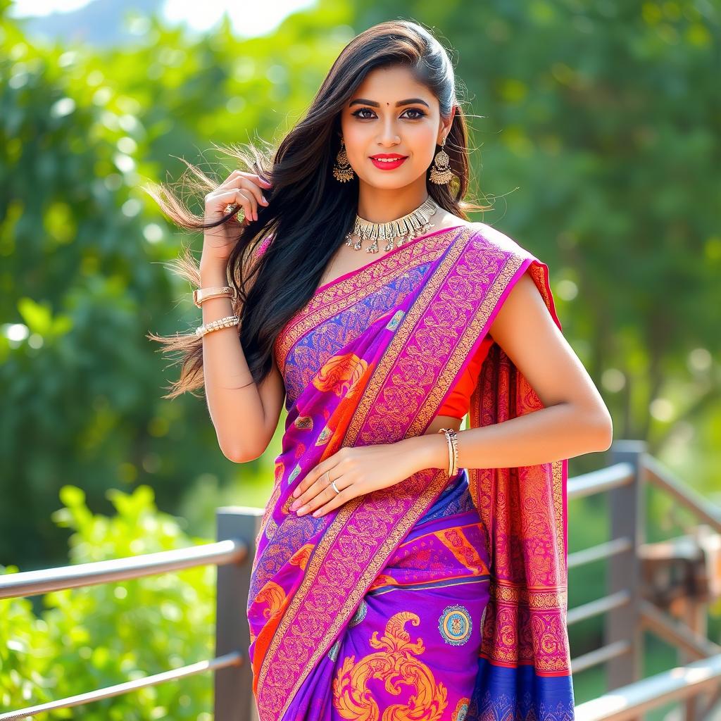 An attractive Indian woman dressed in a vibrant, short saree that beautifully accents her figure
