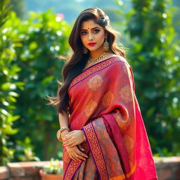An attractive Indian woman dressed in a vibrant, short saree that beautifully accents her figure