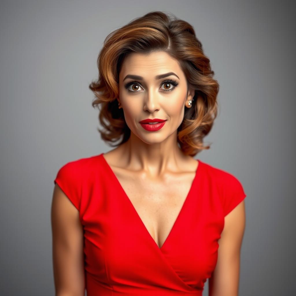 A stunning 45-year-old woman, beautifully dressed in a vibrant red dress, stands facing the camera with a surprised expression on her face