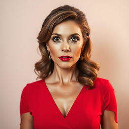 A stunning 45-year-old woman, beautifully dressed in a vibrant red dress, stands facing the camera with a surprised expression on her face