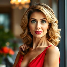 A stunning 45-year-old woman, beautifully dressed in a vibrant red dress, stands facing the camera with a surprised expression on her face
