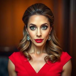 A stunning 45-year-old woman, beautifully dressed in a vibrant red dress, stands facing the camera with a surprised expression on her face