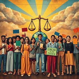 A thought-provoking visual representation of social justice, showcasing a harmonious blend of diverse individuals standing united