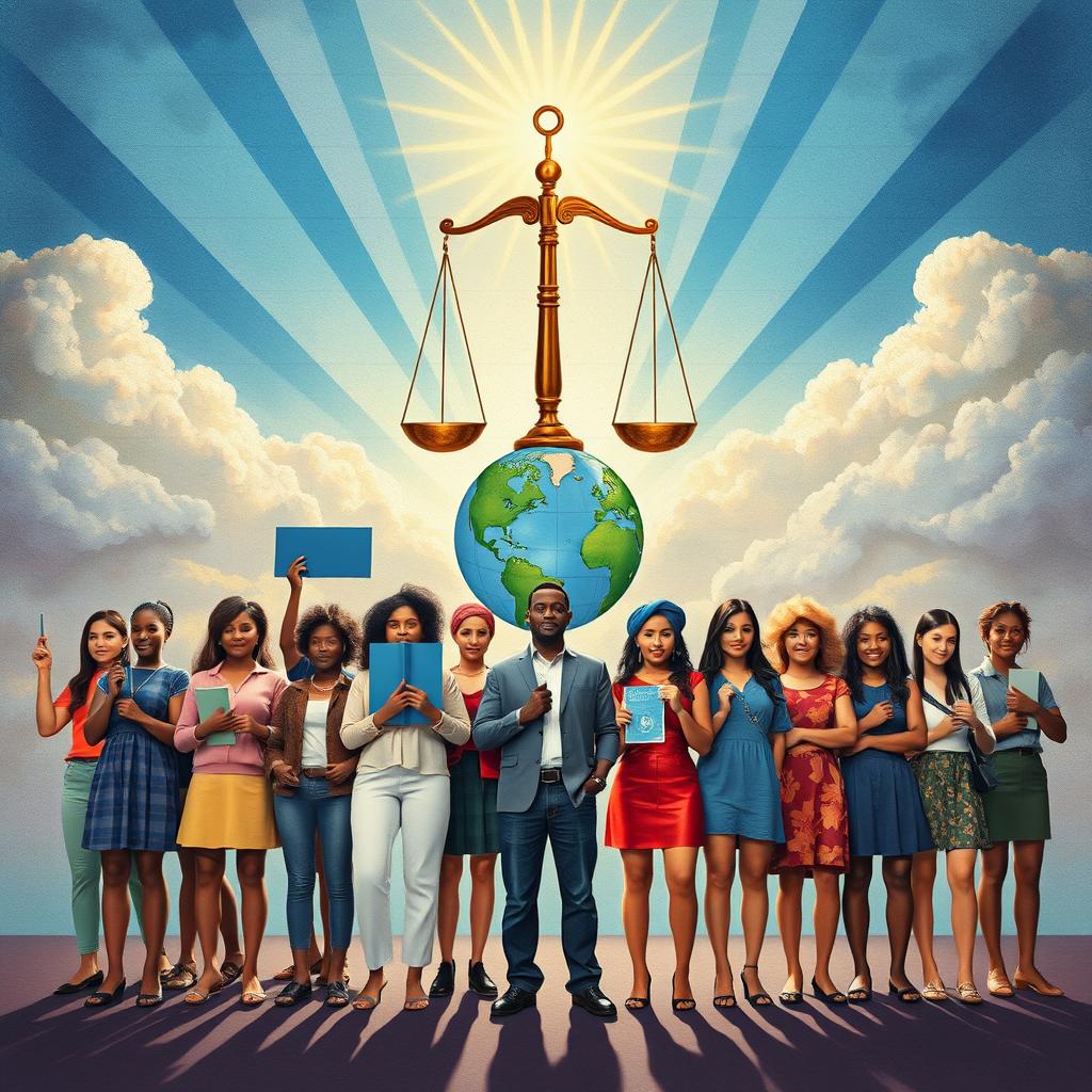 A thought-provoking visual representation of social justice, showcasing a harmonious blend of diverse individuals standing united