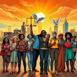 A compelling visual interpretation of social justice, depicting a diverse group of activists uniting for various causes