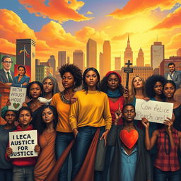 A compelling visual interpretation of social justice, depicting a diverse group of activists uniting for various causes