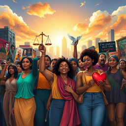 A compelling visual interpretation of social justice, depicting a diverse group of activists uniting for various causes