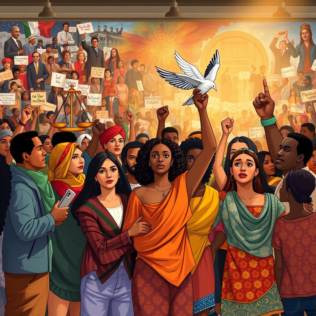 A rich and evocative illustration of social justice symbolism, featuring an ensemble of diverse individuals of various ethnicities and ages gathered together, each holding iconic objects that represent their causes: a balance scale for equality, a dove for peace, and a raised fist for solidarity