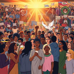 A rich and evocative illustration of social justice symbolism, featuring an ensemble of diverse individuals of various ethnicities and ages gathered together, each holding iconic objects that represent their causes: a balance scale for equality, a dove for peace, and a raised fist for solidarity