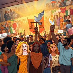 A rich and evocative illustration of social justice symbolism, featuring an ensemble of diverse individuals of various ethnicities and ages gathered together, each holding iconic objects that represent their causes: a balance scale for equality, a dove for peace, and a raised fist for solidarity