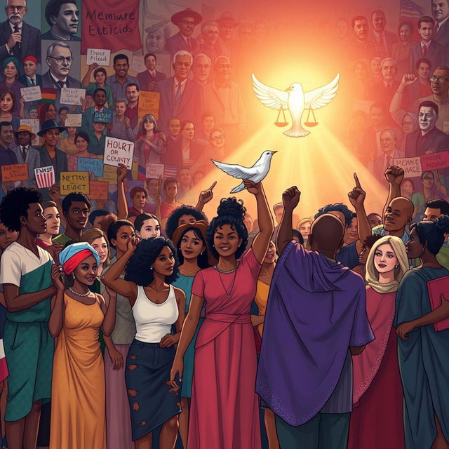 A rich and evocative illustration of social justice symbolism, featuring an ensemble of diverse individuals of various ethnicities and ages gathered together, each holding iconic objects that represent their causes: a balance scale for equality, a dove for peace, and a raised fist for solidarity