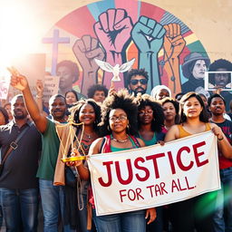 An inspiring depiction of social justice symbolism, featuring a diverse group of activists of various ages and ethnicities united in solidarity