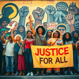 An inspiring depiction of social justice symbolism, featuring a diverse group of activists of various ages and ethnicities united in solidarity