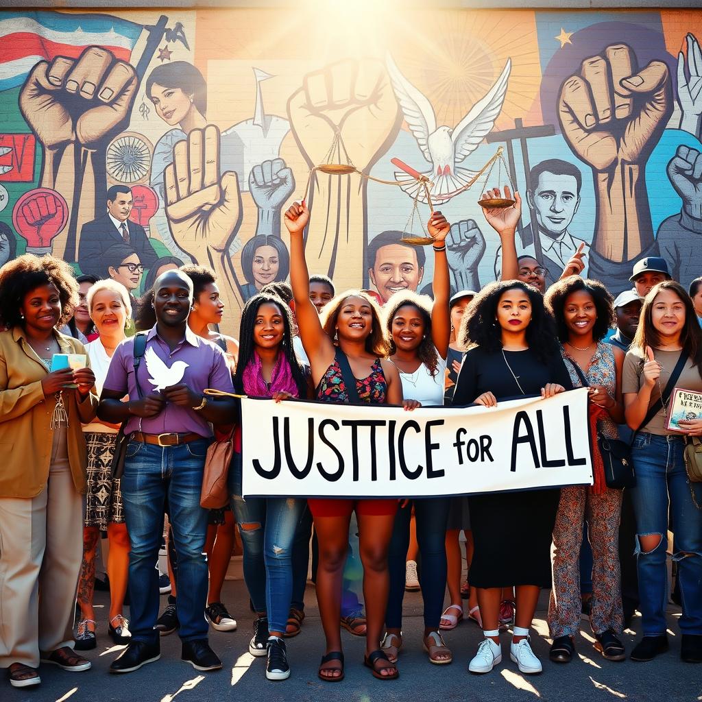 An inspiring depiction of social justice symbolism, featuring a diverse group of activists of various ages and ethnicities united in solidarity