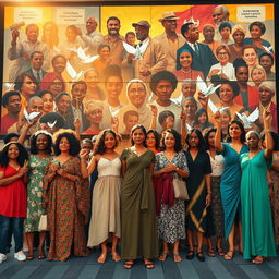 An artistic exploration of social justice symbolism, featuring a harmonious blend of diverse individuals representing various cultures, genders, and ages