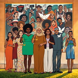 An artistic exploration of social justice symbolism, featuring a harmonious blend of diverse individuals representing various cultures, genders, and ages