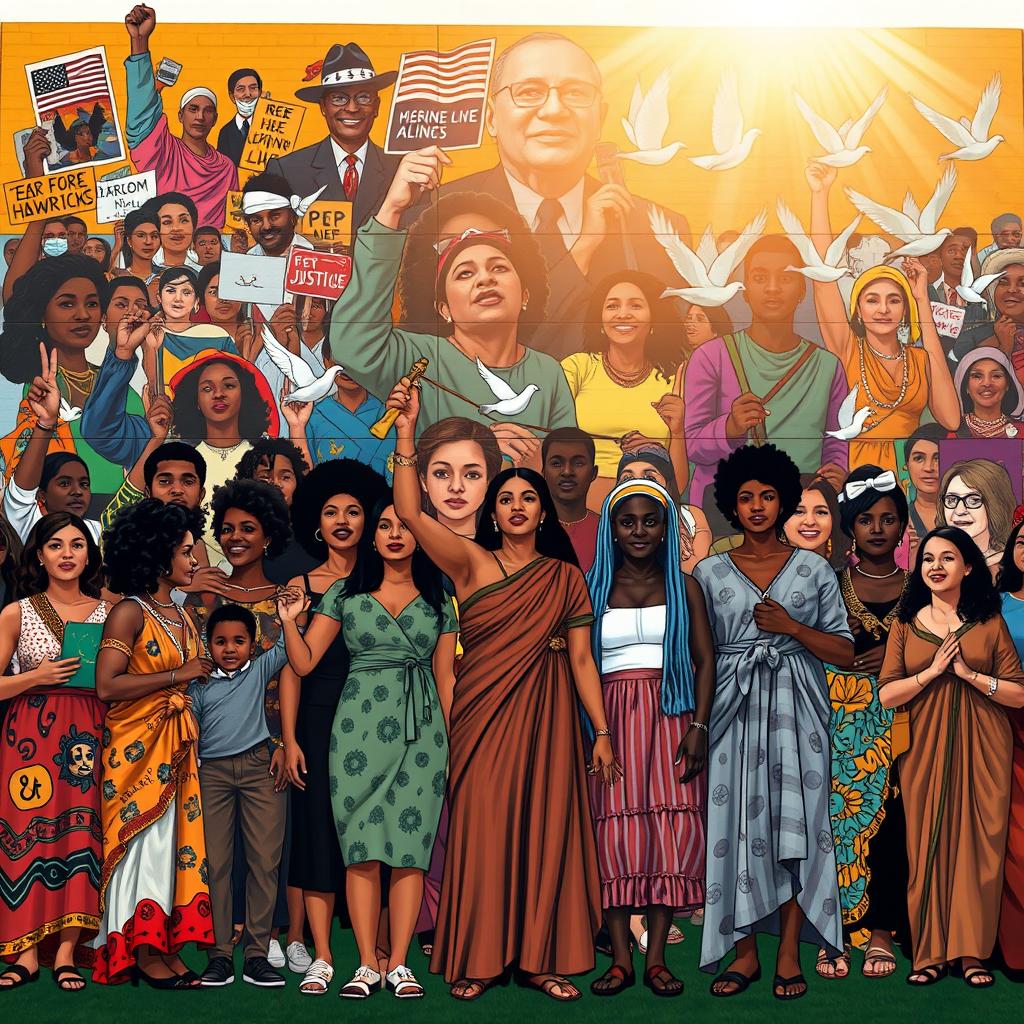 An artistic exploration of social justice symbolism, featuring a harmonious blend of diverse individuals representing various cultures, genders, and ages