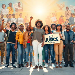 A captivating representation of social justice symbolism, highlighting a diverse group of activists from various backgrounds, ages, and ethnicities standing together in unity