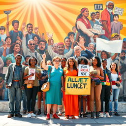 A captivating representation of social justice symbolism, highlighting a diverse group of activists from various backgrounds, ages, and ethnicities standing together in unity