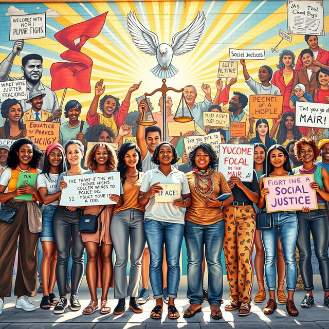 A captivating representation of social justice symbolism, highlighting a diverse group of activists from various backgrounds, ages, and ethnicities standing together in unity