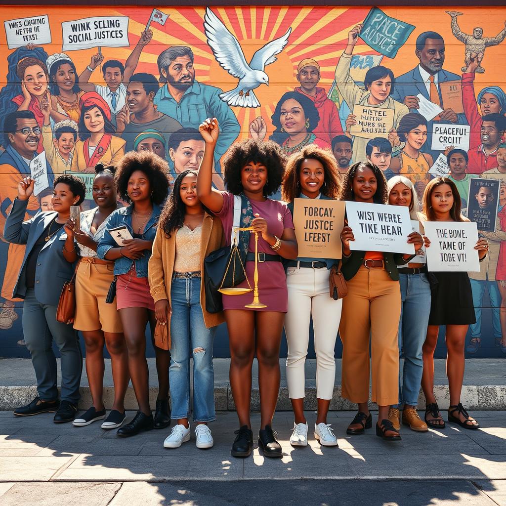 A captivating representation of social justice symbolism, highlighting a diverse group of activists from various backgrounds, ages, and ethnicities standing together in unity