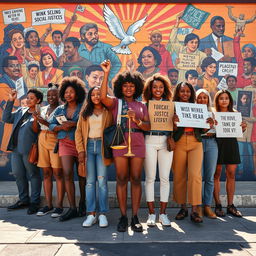 A captivating representation of social justice symbolism, highlighting a diverse group of activists from various backgrounds, ages, and ethnicities standing together in unity