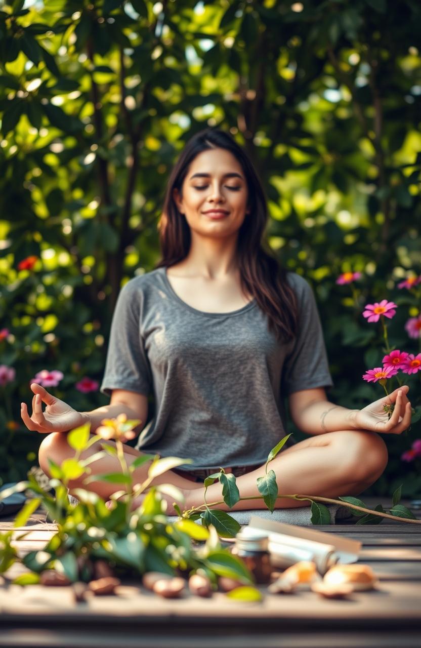 A serene outdoor scene where a person is peacefully meditating while surrounded by lush greenery and vibrant flowers
