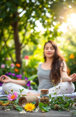 A serene outdoor scene where a person is peacefully meditating while surrounded by lush greenery and vibrant flowers