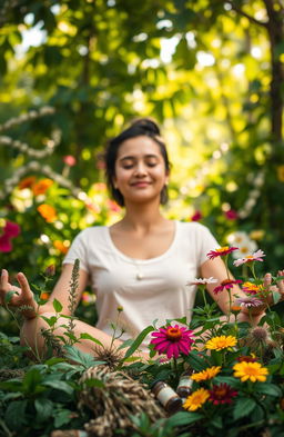 A serene outdoor scene where a person is peacefully meditating while surrounded by lush greenery and vibrant flowers