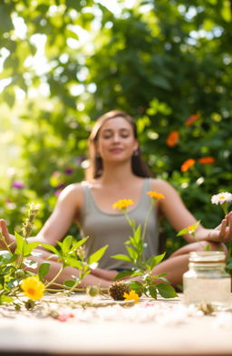 A serene outdoor scene where a person is peacefully meditating while surrounded by lush greenery and vibrant flowers