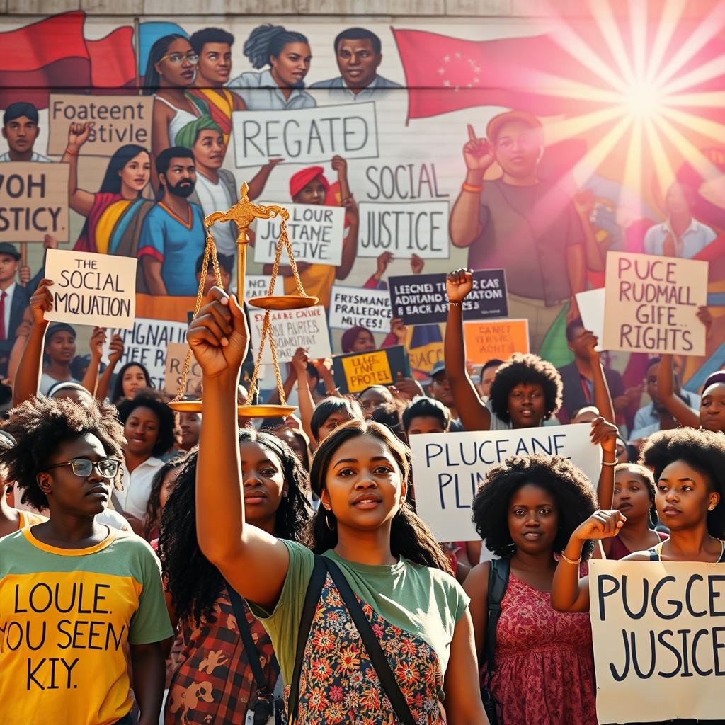 A visually striking representation of social justice symbolism, showcasing a multicultural gathering of individuals passionately advocating for equality