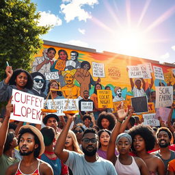 A visually striking representation of social justice symbolism, showcasing a multicultural gathering of individuals passionately advocating for equality