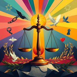 A captivating depiction of social justice symbolism without any people, focusing on abstract representations that convey themes of equality and activism