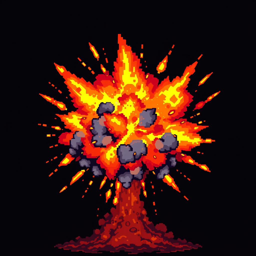 A vibrant explosion depicted in pixel art style, rich with color and detail