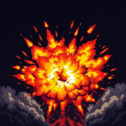 A vibrant explosion depicted in pixel art style, rich with color and detail