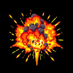 A vibrant explosion depicted in pixel art style, rich with color and detail
