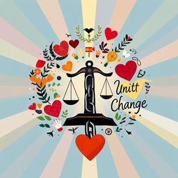 An imaginative representation of social justice symbolism devoid of any people and the justice scale, focusing on meaningful icons that signify equality and activism