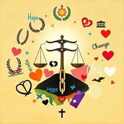An imaginative representation of social justice symbolism devoid of any people and the justice scale, focusing on meaningful icons that signify equality and activism