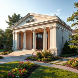 A small theater featuring modern architecture with a medium inspiration from Greek architectural concepts, showcasing elements like columns, decorative moldings, and pediments