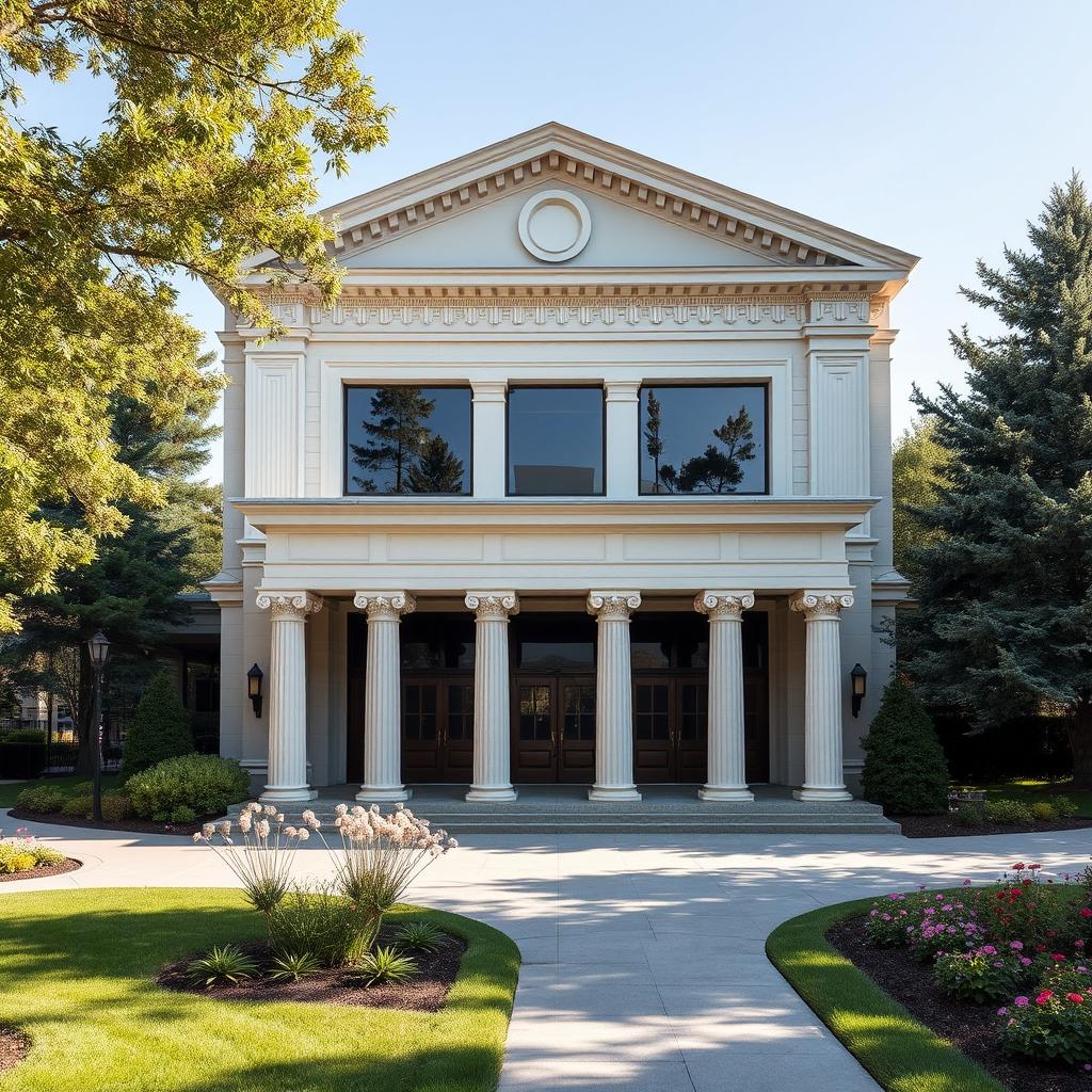 A small theater featuring modern architecture with a medium inspiration from Greek architectural concepts, showcasing elements like columns, decorative moldings, and pediments