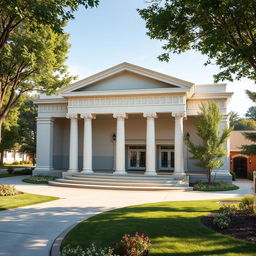 A small theater featuring modern architecture with a medium inspiration from Greek architectural concepts, showcasing elements like columns, decorative moldings, and pediments