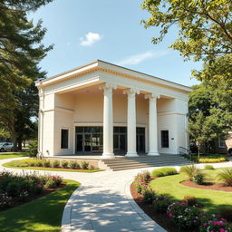 A small theater featuring modern architecture with a medium inspiration from Greek architectural concepts, showcasing elements like columns, decorative moldings, and pediments