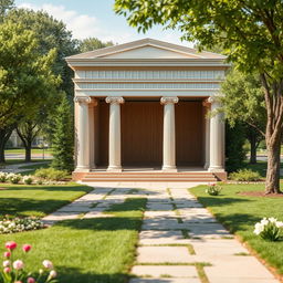 A small theater designed with modern architecture featuring medium inspiration from Greek architectural concepts, incorporating elements like classical columns, decorative moldings, and pediments