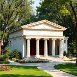 A small theater designed with modern architecture featuring medium inspiration from Greek architectural concepts, incorporating elements like classical columns, decorative moldings, and pediments