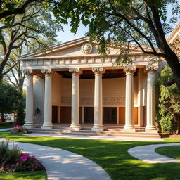 A small theater designed with modern architecture featuring medium inspiration from Greek architectural concepts, incorporating elements like classical columns, decorative moldings, and pediments
