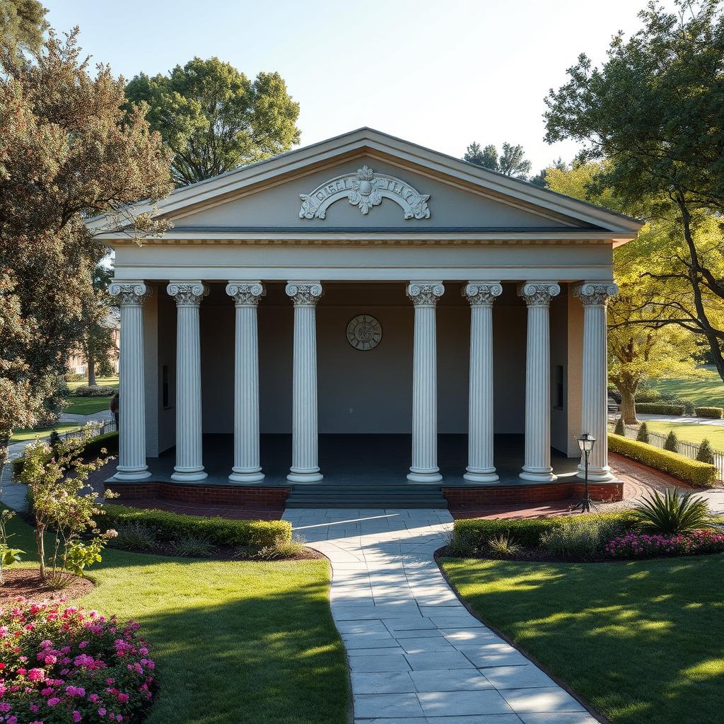 A small theater designed with modern architecture featuring medium inspiration from Greek architectural concepts, incorporating elements like classical columns, decorative moldings, and pediments