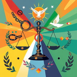 An abstract representation of social justice symbolism, completely devoid of any people and the justice scale