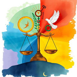 An abstract visualization of social justice symbolism, completely devoid of people and the justice scale