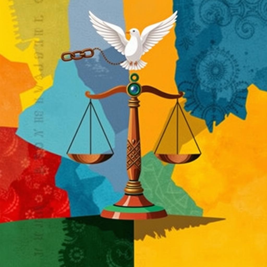 An abstract visualization of social justice symbolism, completely devoid of people and the justice scale