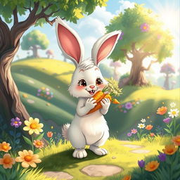 An enchanting environmental sketch set in a vibrant, lush game world featuring a cute bunny character